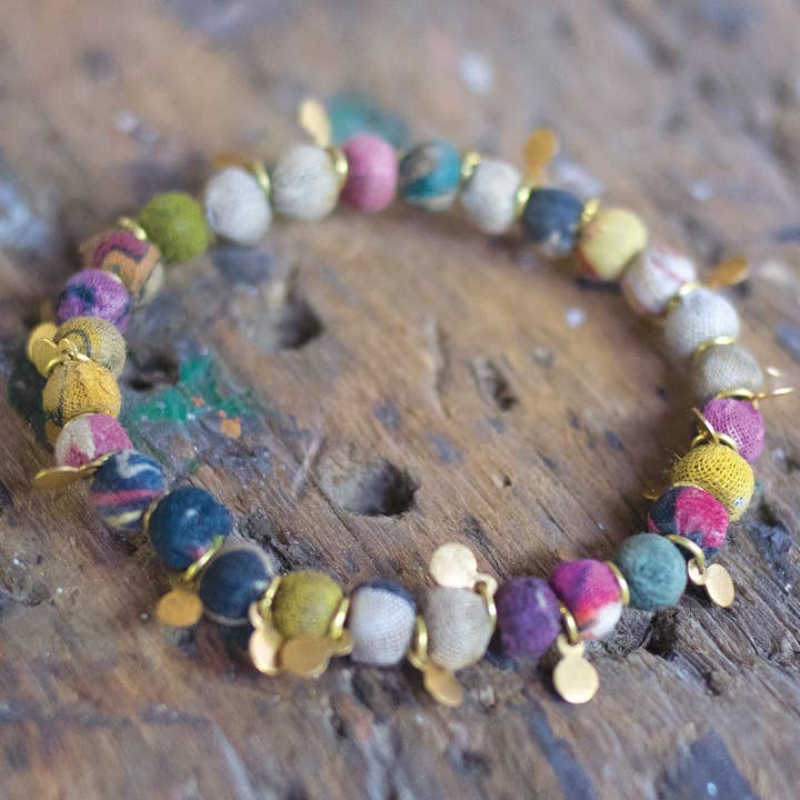 Namaste - Wholesale Charm/Dangle Bracelet - Elasticated Recycled Fabric Bead Bracelet