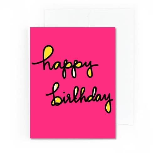 Carte d'anniversaire joyeuse pop rose vif et jaune pour la vente par Pretty Peacock Paperie - Women's Empowerment