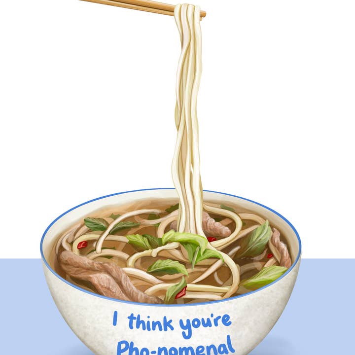 Katie Tinkler illustration – wholesale Love card – I think you're pho-nomenal noodle themed love card1