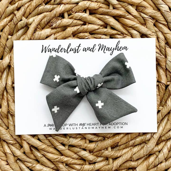 Charcoal Grey Swiss Cross Hair Bow for wholesale by Wanderlust and Mayhem