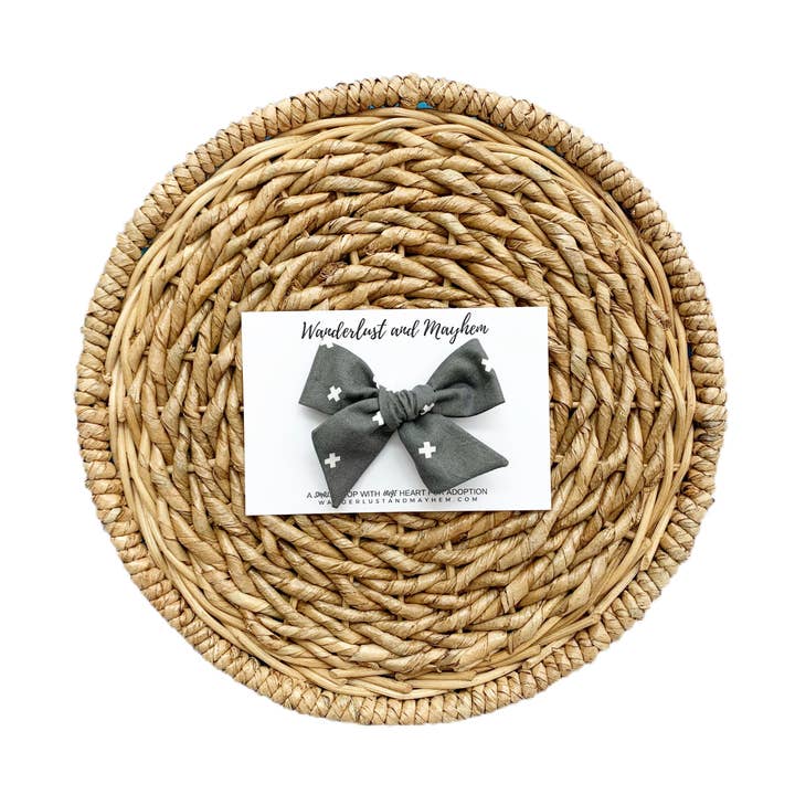Charcoal Grey Swiss Cross Hair Bow for wholesale by Wanderlust and Mayhem