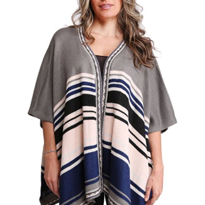 Hana - Wholesale Omslagdoek - Dames - Kleurrijke gestreepte warm gebreide Ruana sjaalomslag