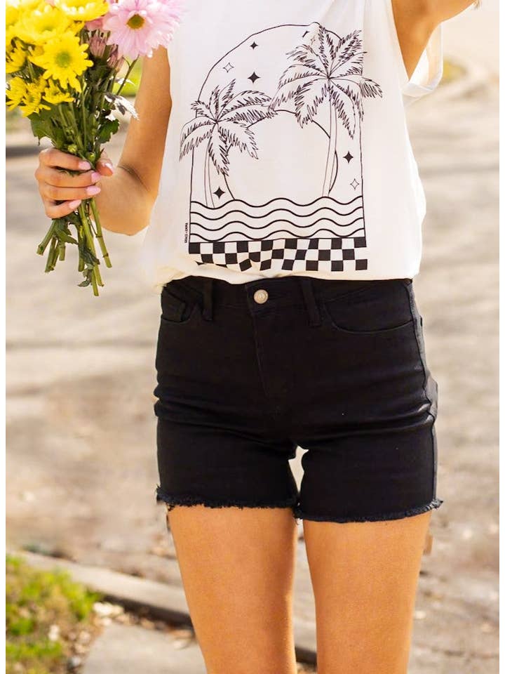 The Lola Black Distress Denim Shorts for wholesale on Faire