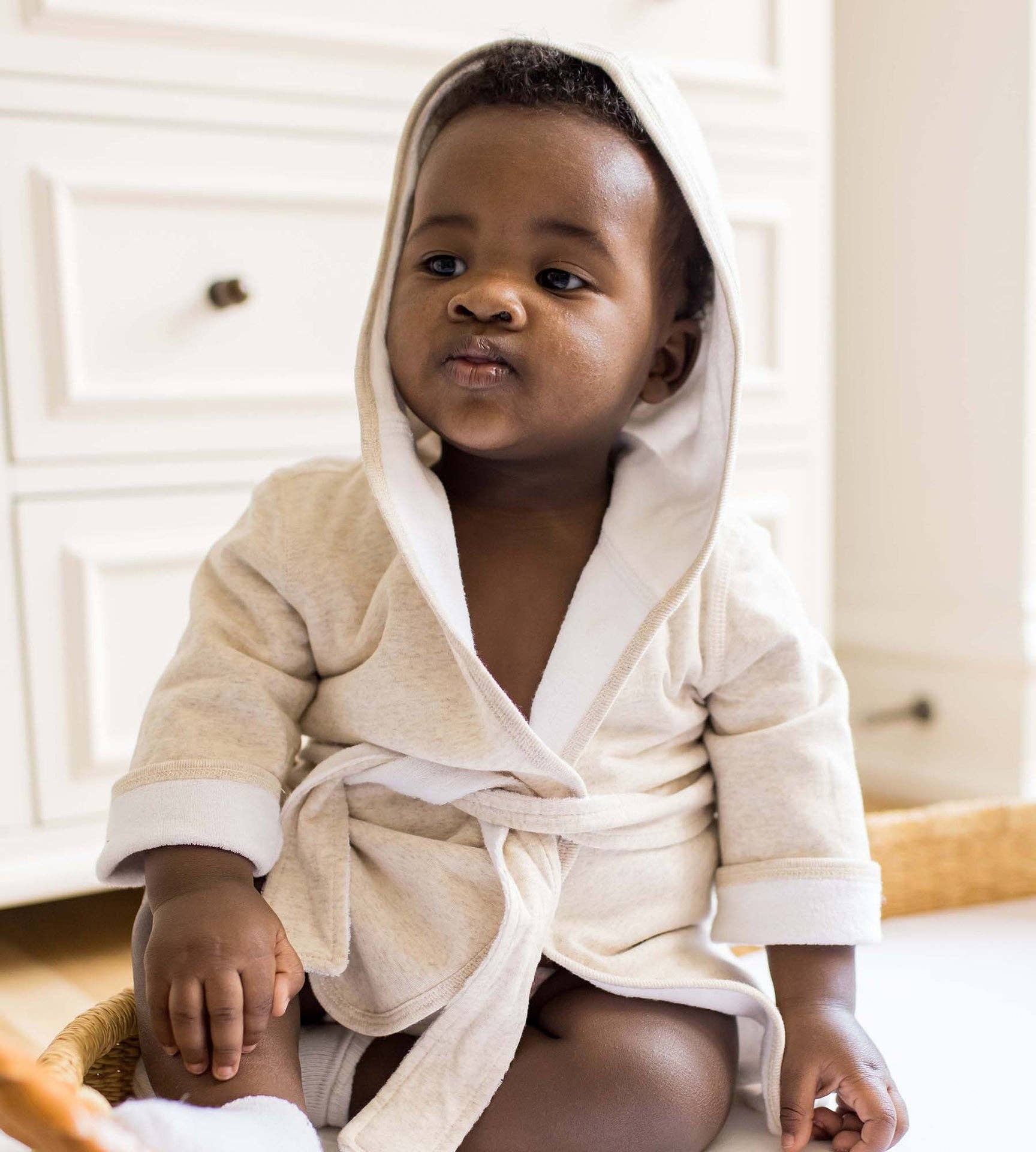 Oatmeal Organic Cotton Knit Terry Hooded Robe for wholesale on Faire2