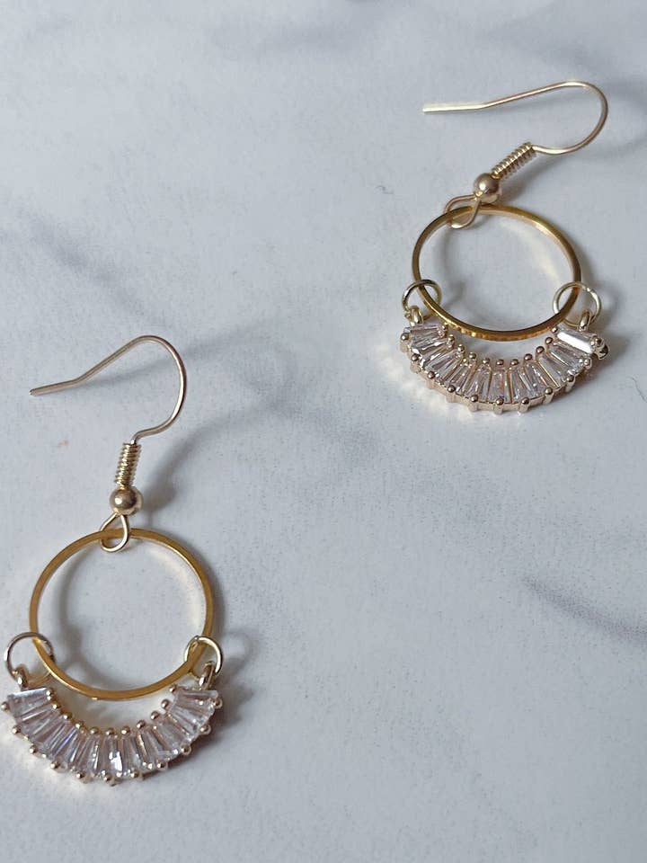 Dainty Crystal Hoops, Small Hoop Earrings, Earrings Dangle Gold, Raw Brass Earrings, Modern Gold Earrings, for wholesale by Manette Design Co