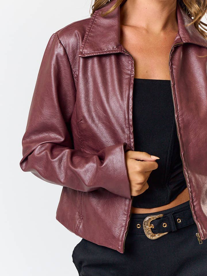 Burgundy IBT31150 WASHED PU LEATHER JACKET 🎄 HOLIDAY 2024 🎄 for wholesale on Faire