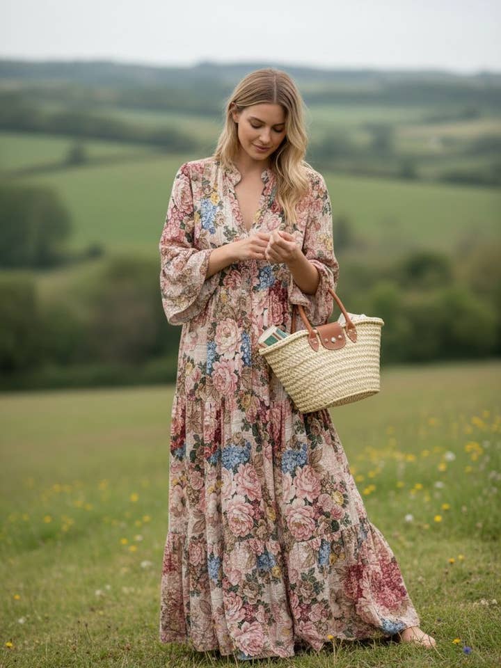 Abito lungo stampato in viscosa 10681V-903 per la vendita all'ingrosso da parte di NOELINE