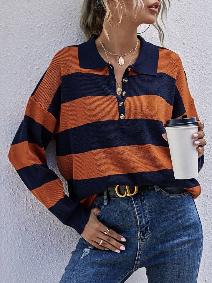 Comely Fashion - Wholesale Knitted jumper – Women′s - Colorblock Lapel Collar Half-Placket Knit Sweater0