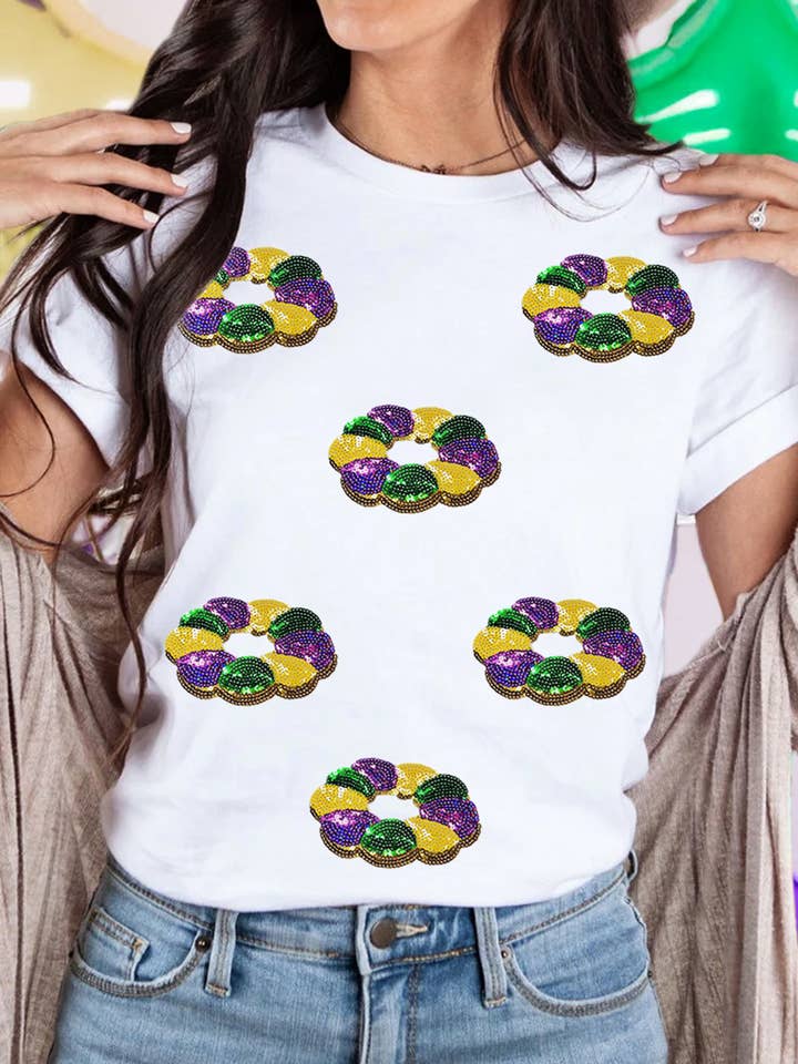 Haut à manches courtes col rond motif sequins Mardi Gras (S-3XL) pour la vente par 66DISCO