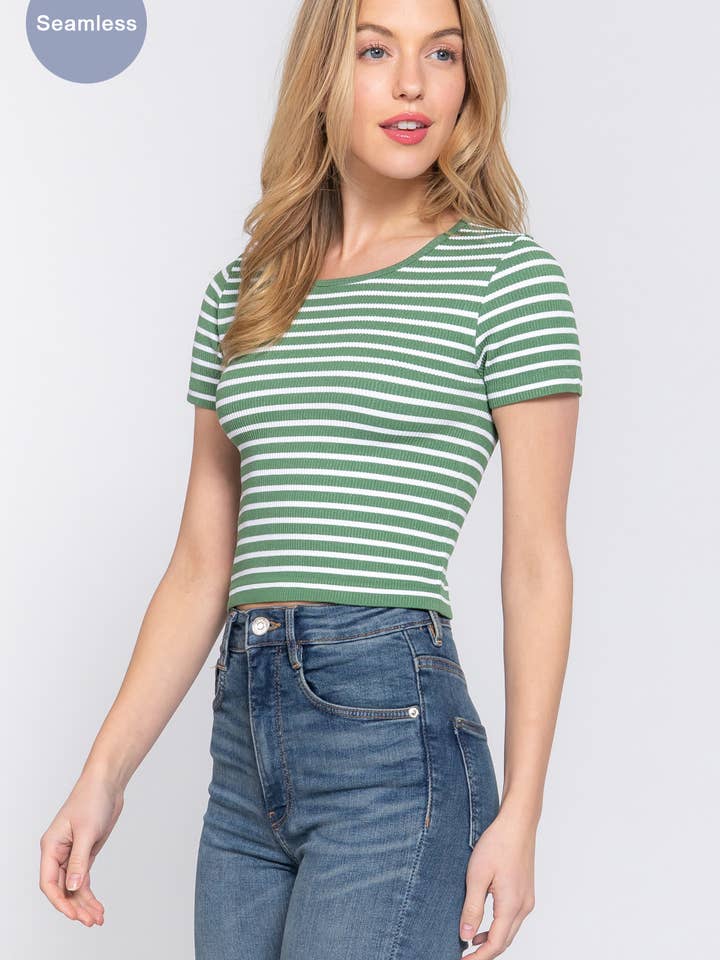 ..SI-26437 Short Slv Crew Neck Stripe Seamless Rib Top for wholesale by 42POPS