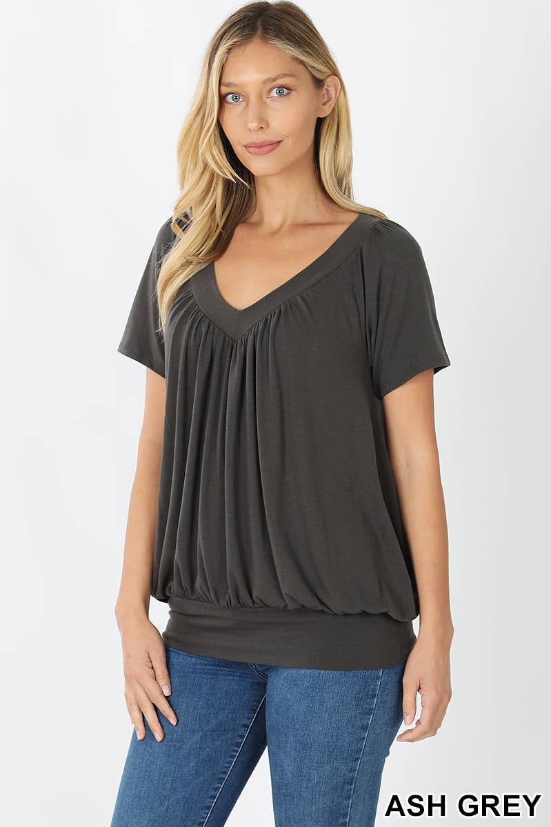 42POPS - Wholesale Blouse - Women's - ",.SHIRRED V-NECK SHORT SLEEVE TOP8