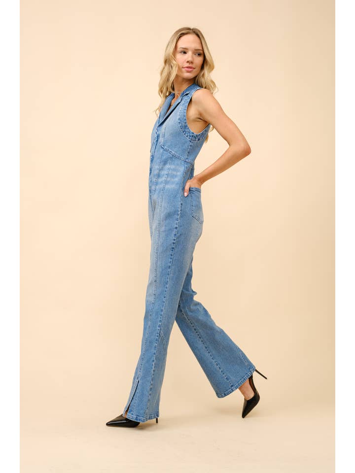 LIGHT WASH 23276R - Collared Sleeveless Denim Jumpsuit for wholesale on Faire2