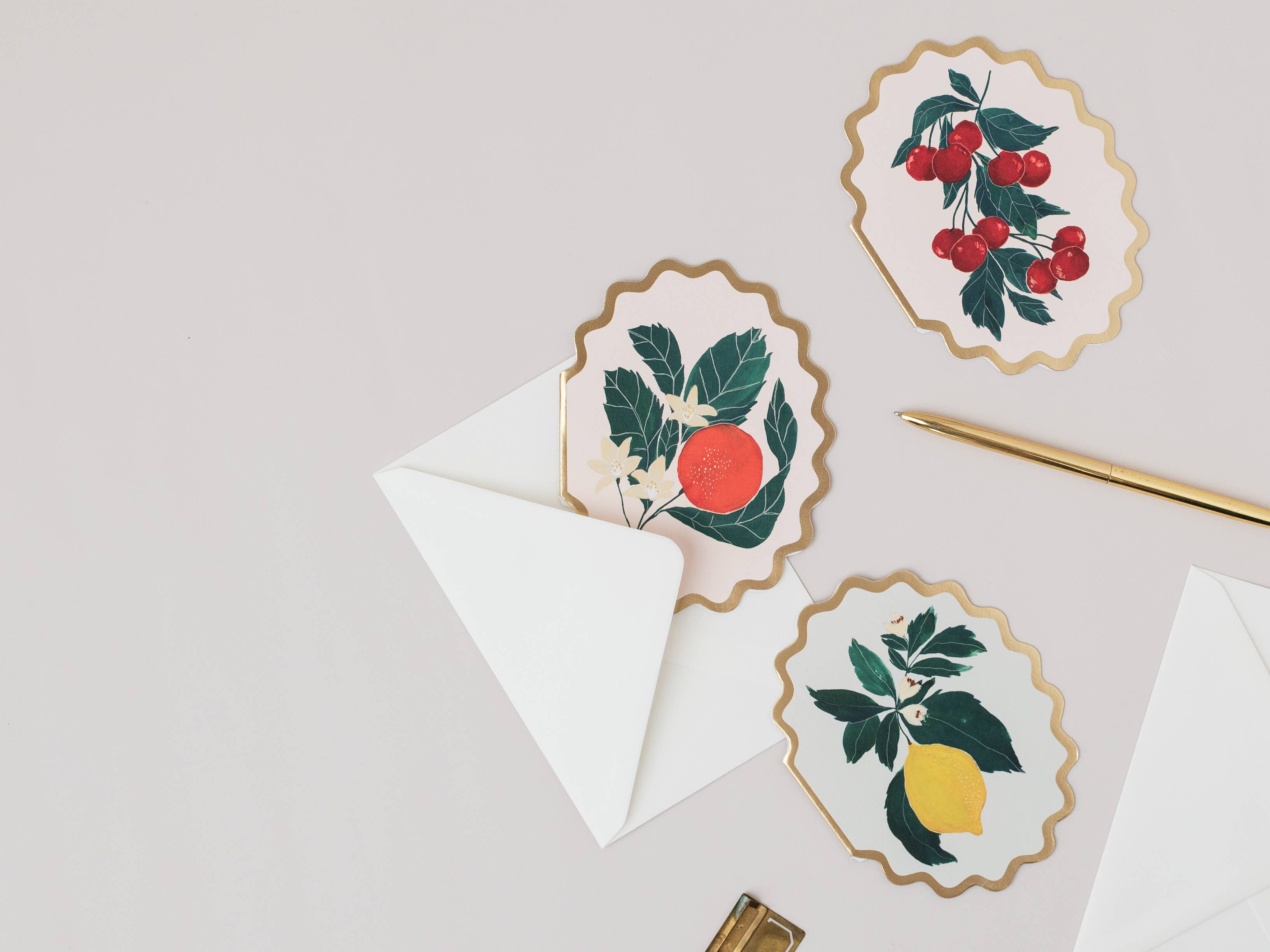 Katie Housley – wholesale Everyday greeting card – CHERRIES BOTANICAL FRUIT SCALLOP DIE CUT CARD1