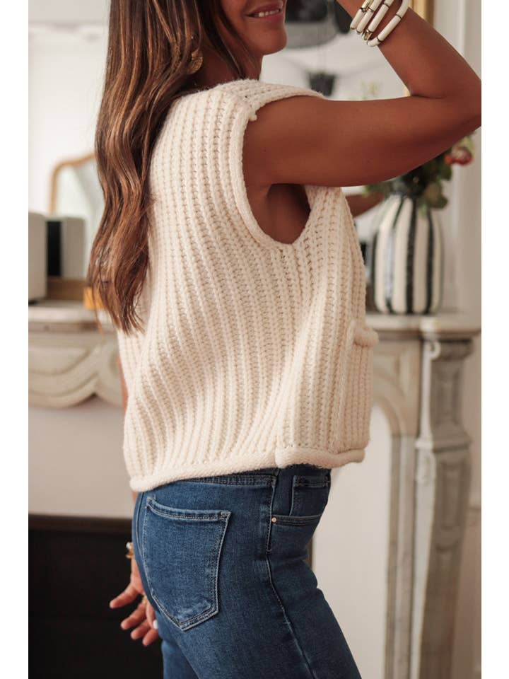 White Solid Chunky Textured Sweater Vest for wholesale on Faire
