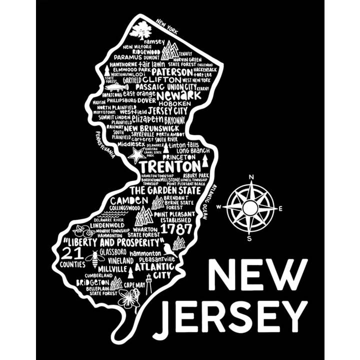 New Jersey Karta Svart för wholesale av Whereabouts Shop