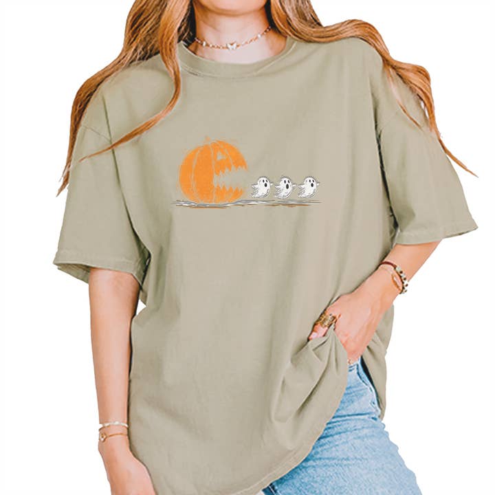 Expression Tees - Wholesale T-Shirt (Graphic) - Women's - Pumpkin Pacman Chasing Ghosts Halloween Vintage Soft Unisex T-shirt6