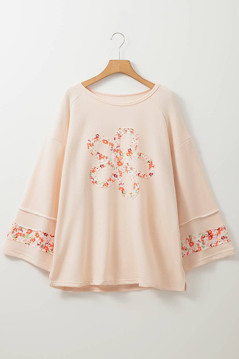 Beige Plus Size Flower Patched Side Slits Crewneck Top (S-4X) for wholesale on Faire7