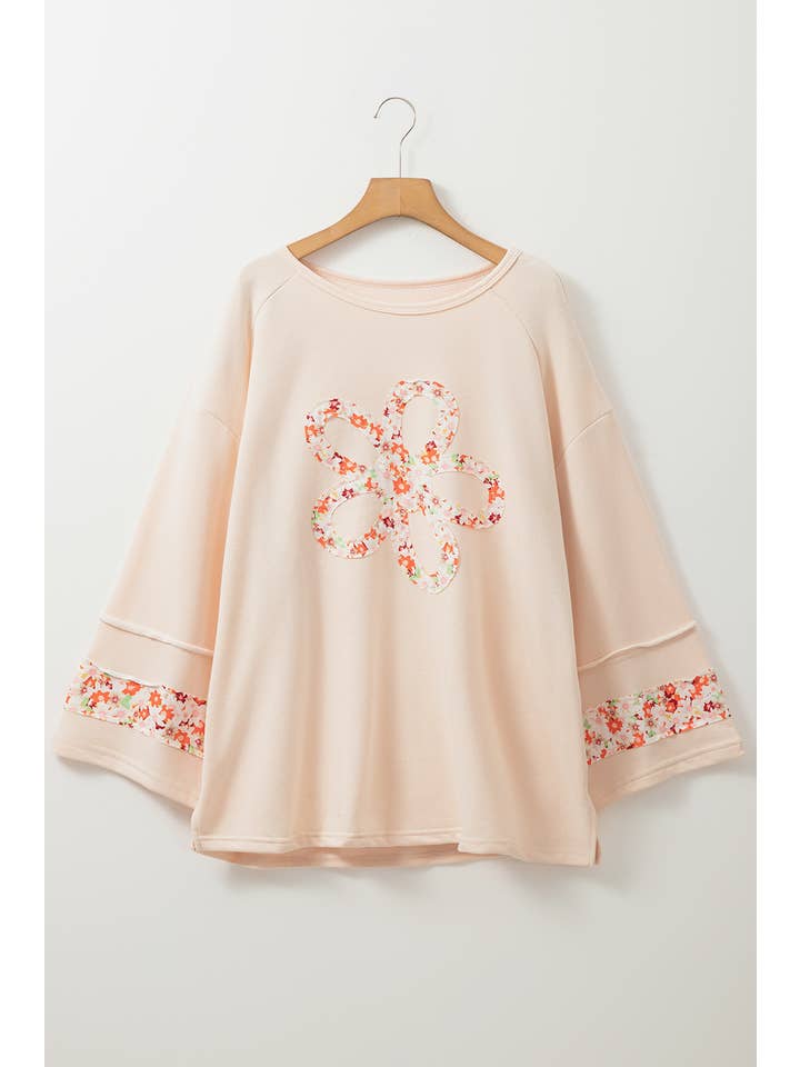 Beige Plus Size Flower Patched Side Slits Crewneck Top (S-4X) for wholesale on Faire7