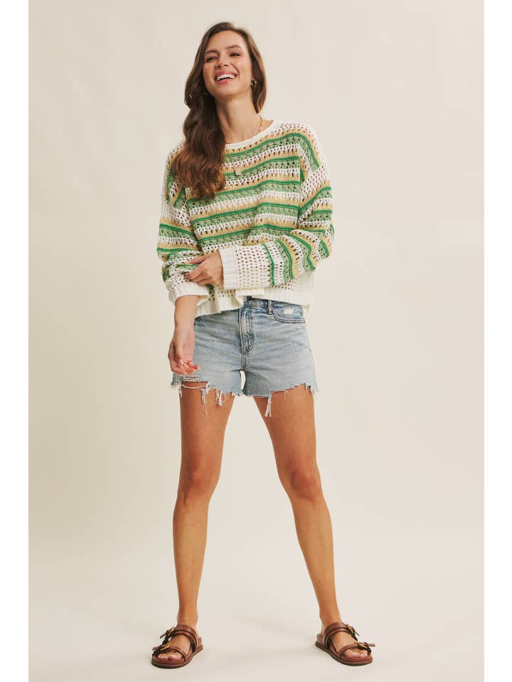 in february - Wholesale Knit Sweater - Women's - BRIGHT VIBRANT MULTI STRIPE LOOSE FIT CROCHET SWEATER TOP27