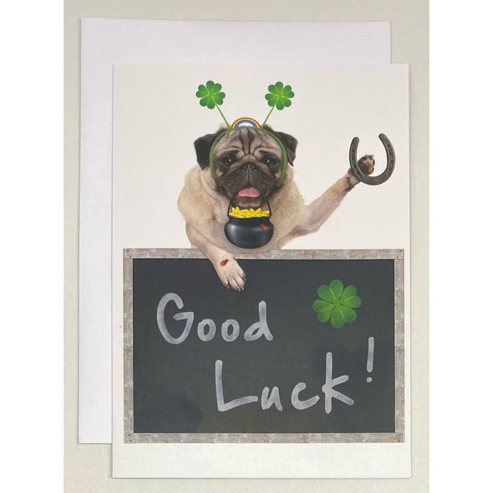 90210 Exotics – Engroshandel St. Patrick's Day-kort – Held og lykke, mops med 4 blade kløver, krukke af guld, hestesko
