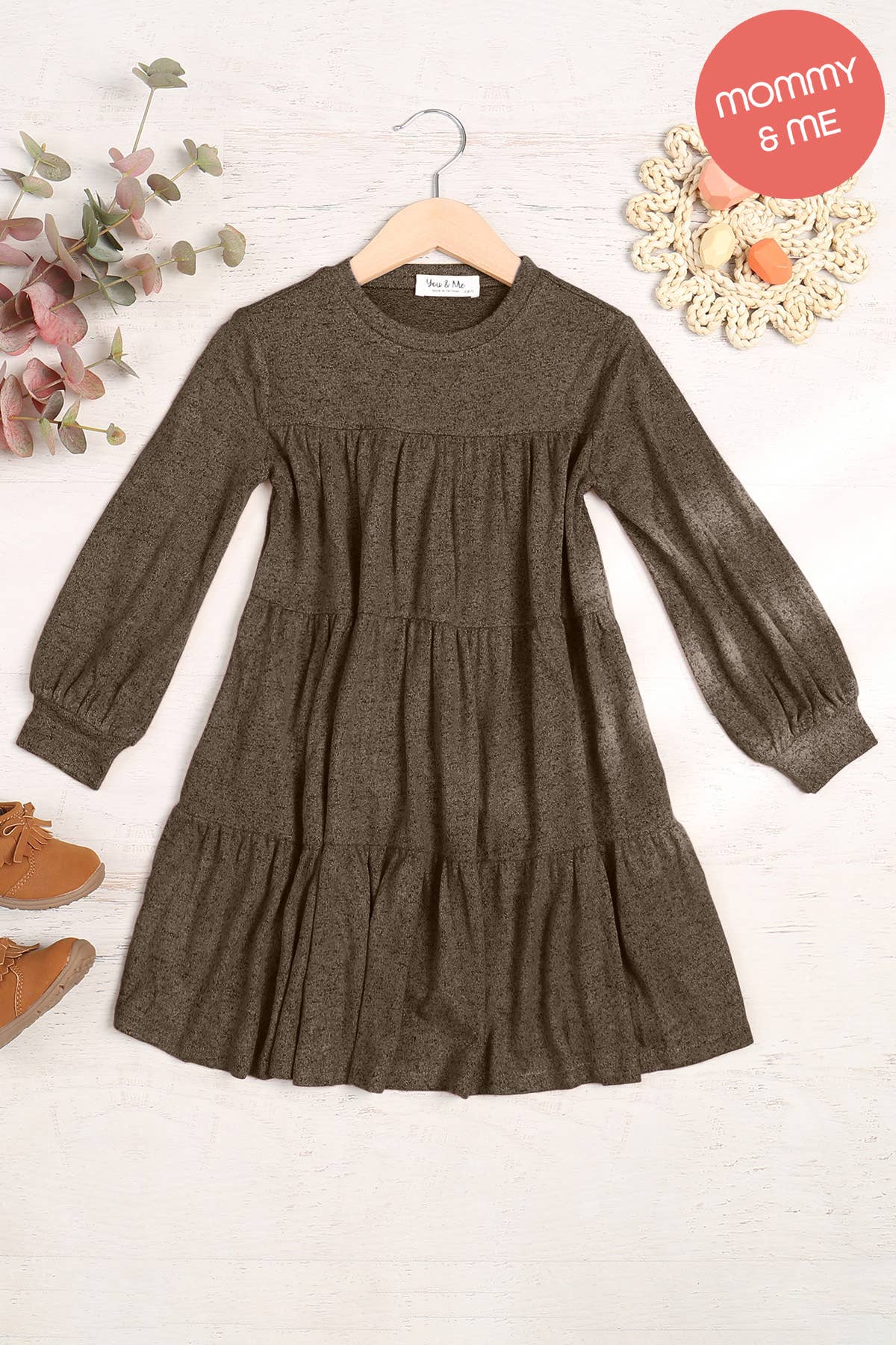 You & Me - Wholesale Dress - Kids - YMD10064TKV-KIDS PUFF LONG SLEEVE TIERED HACCI BRUSHED DRESS4