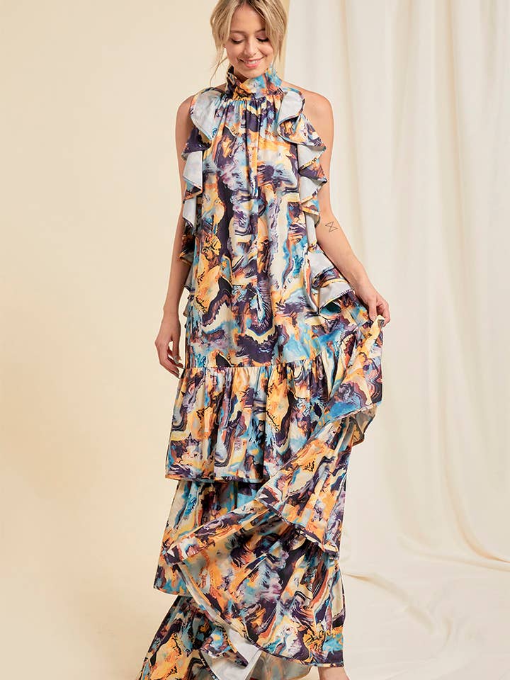 ABITO STAMPATO CON SCOLLO ALL'AMERICANA CON VOLANT per la vendita all'ingrosso da parte di QMP Moda