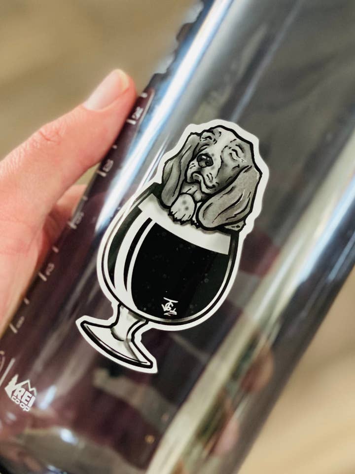 Basset Hound In Bourbon Beer Sticker! for wholesale by Guerdrum Art
