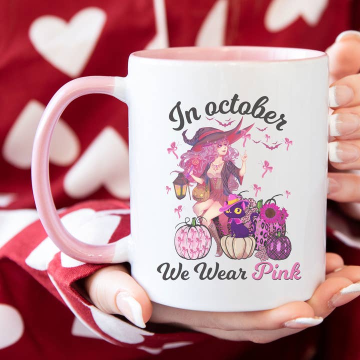 In October We Wear Pink Mug, Breast Cancer Mug, Witch Mug for wholesale by NVC Ecommerce LLC