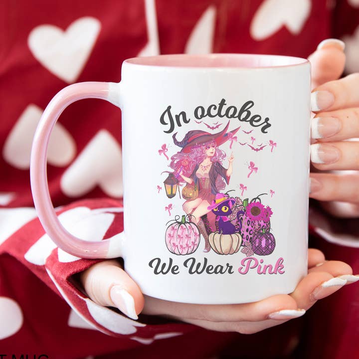 In October We Wear Pink Mug, Breast Cancer Mug, Witch Mug for wholesale by NVC Ecommerce LLC