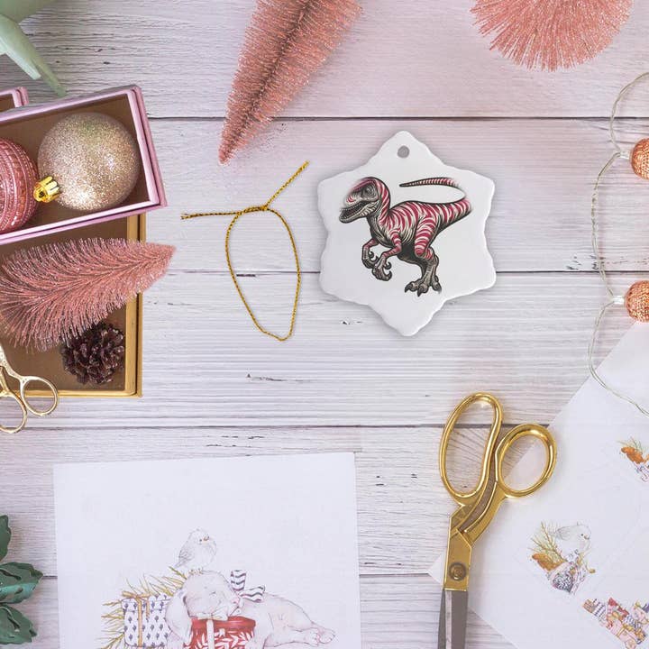 3dRose - Wholesale Ornament - 3dRose, Image Of A Pink Striped Velociraptor, Ornament12