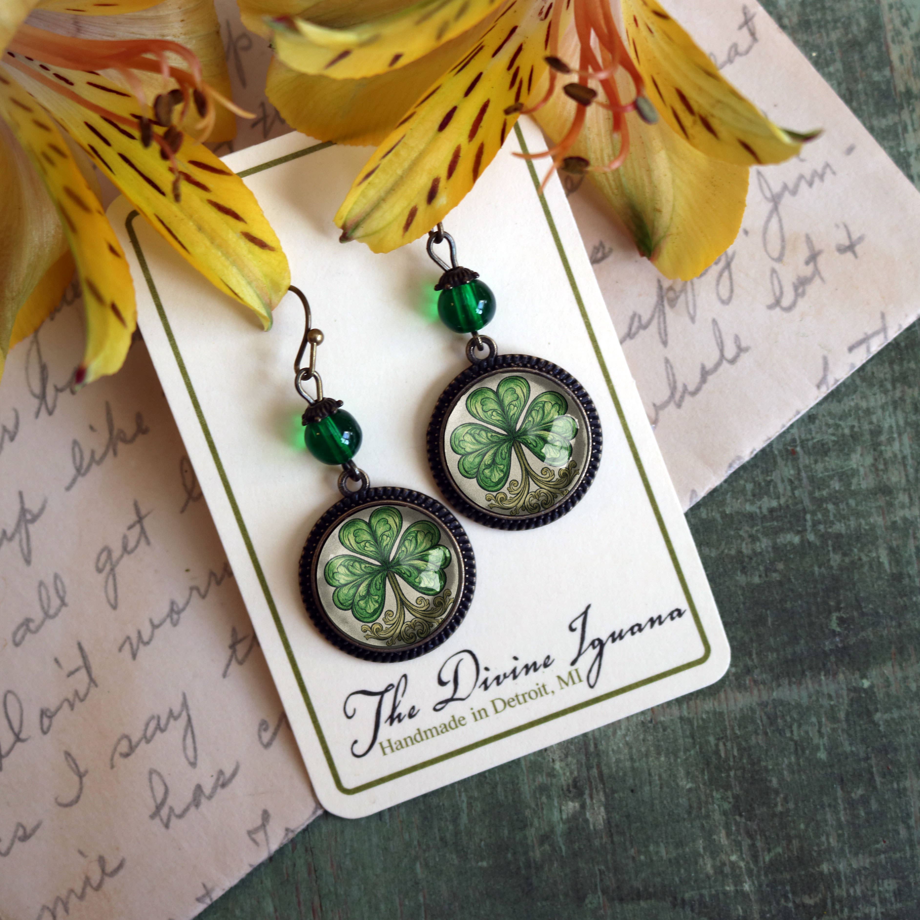 The Divine Iguana - Wholesale Dangle Earrings - Classic Shamrock Glass Cabochon St Patrick's Day Earrings3