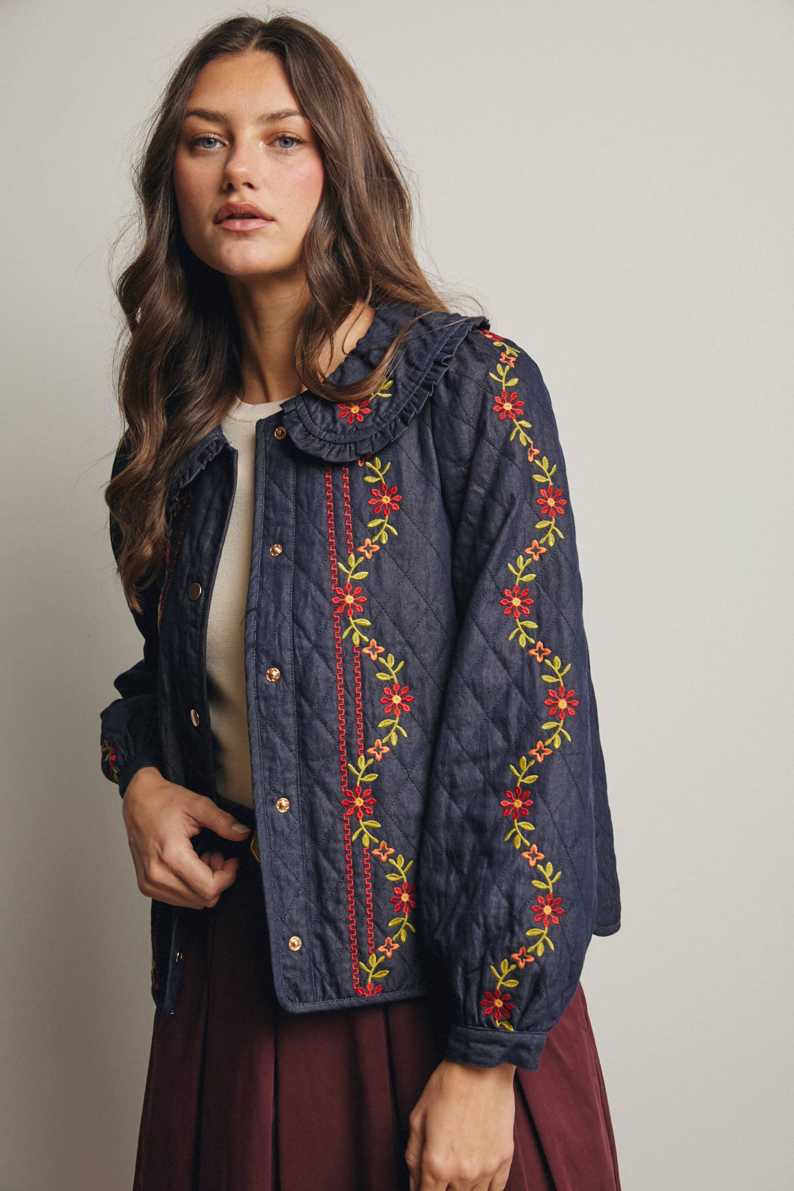Midnight Indigo Embroidered Quilted Denim Jacket FJ0008 for wholesale on Faire5