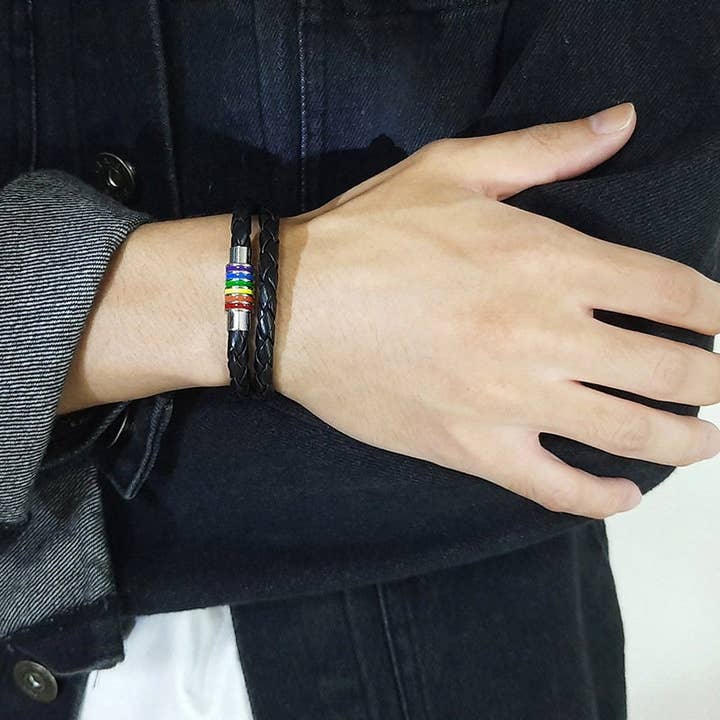 Perimade & Co. LLC - Wholesale Woven/Braided Bracelet - Rainbow LGBTQ Pride Bracelet in Stainless Steel, PU Leather8