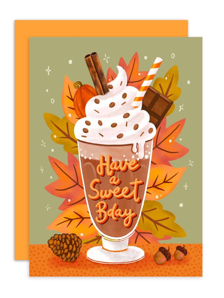 Birthday card, congratulations, chocolate, autumn leaves for wholesale by Aniet Illustration