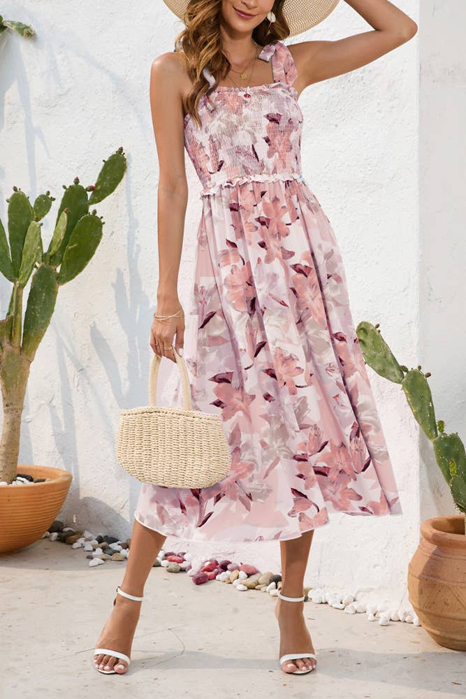 UNISHE - Wholesale Dress - Women's - Spaghetti Floral SLeeveless Smocked Dress AYY0259