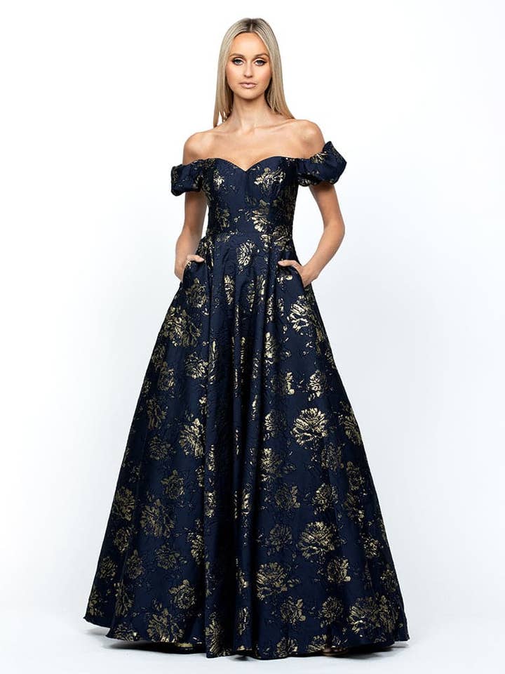 NAVY GOLD SANDY SWEETHEART OFF SHOULDER GOWN B56D07L for wholesale on Faire