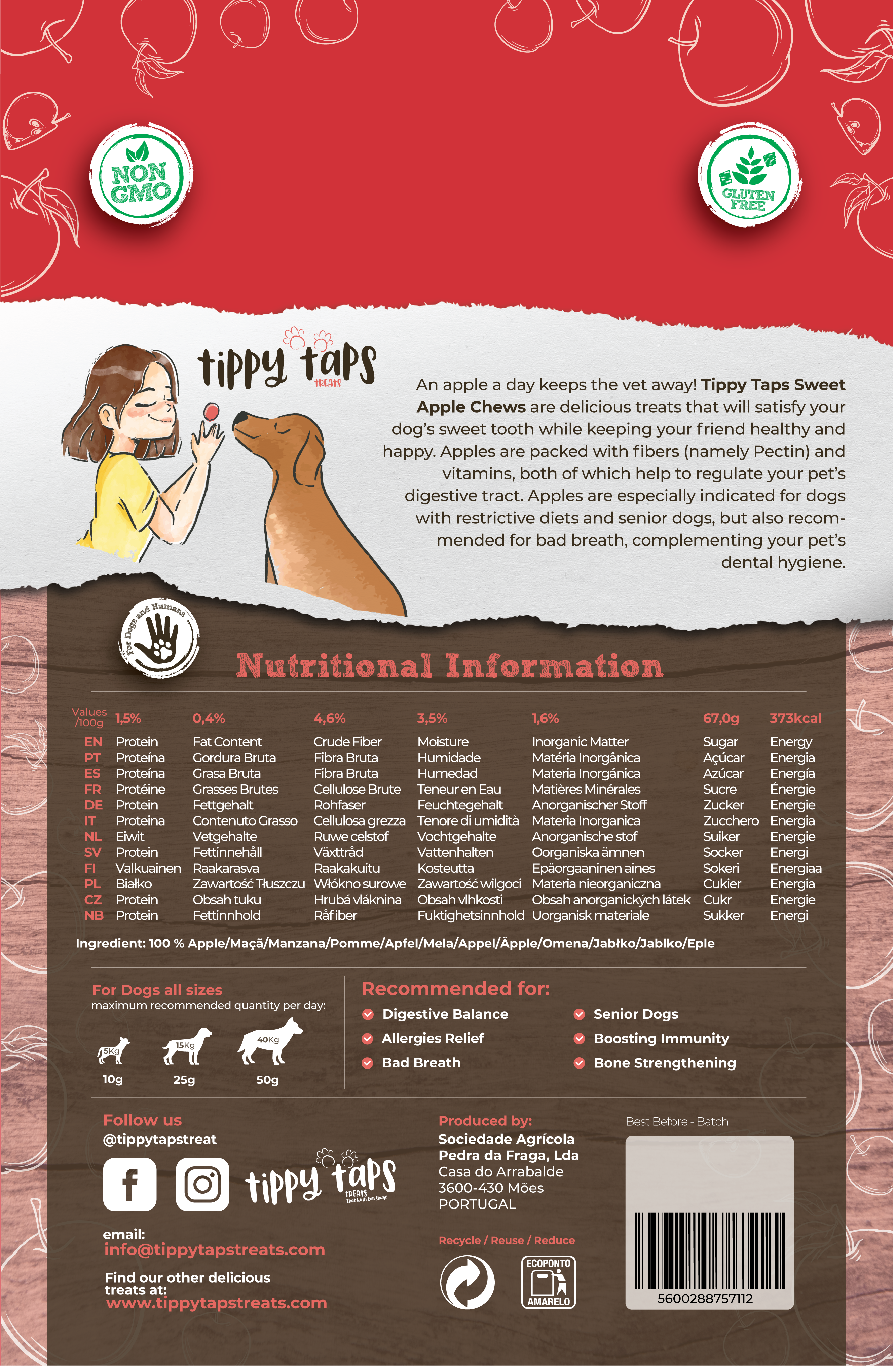 Tippy Taps Treats - Wholesale Pet Treats - Dog - Natural Dog Treats, Sweet Apple Chews 100gr, Vegan Gluten Fr1