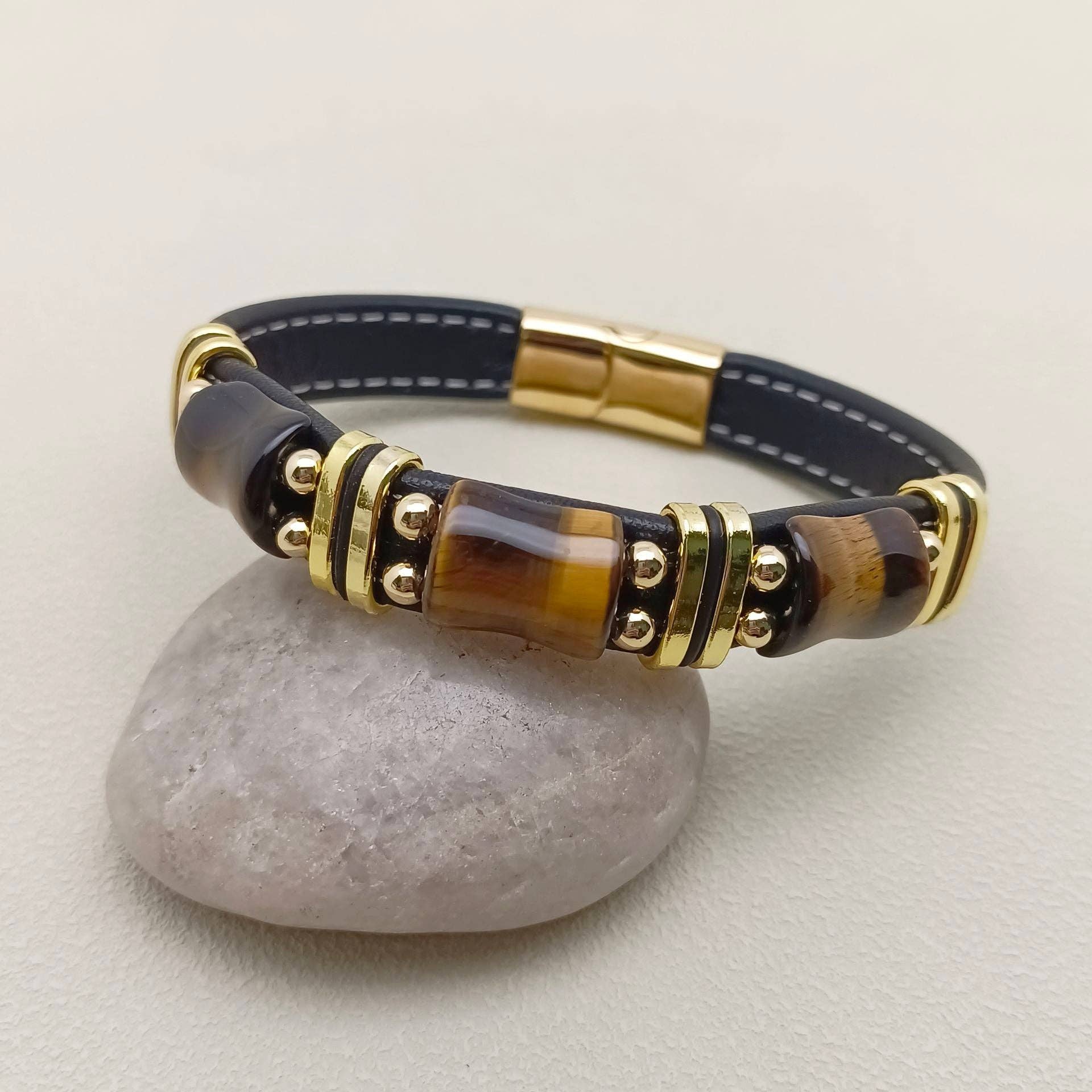 Mio Queena - Vendita all'ingrosso Bracciale a polsino - Bracciale da uomo in pelle con charme in pietra occhio di tigre - MJ/BC8