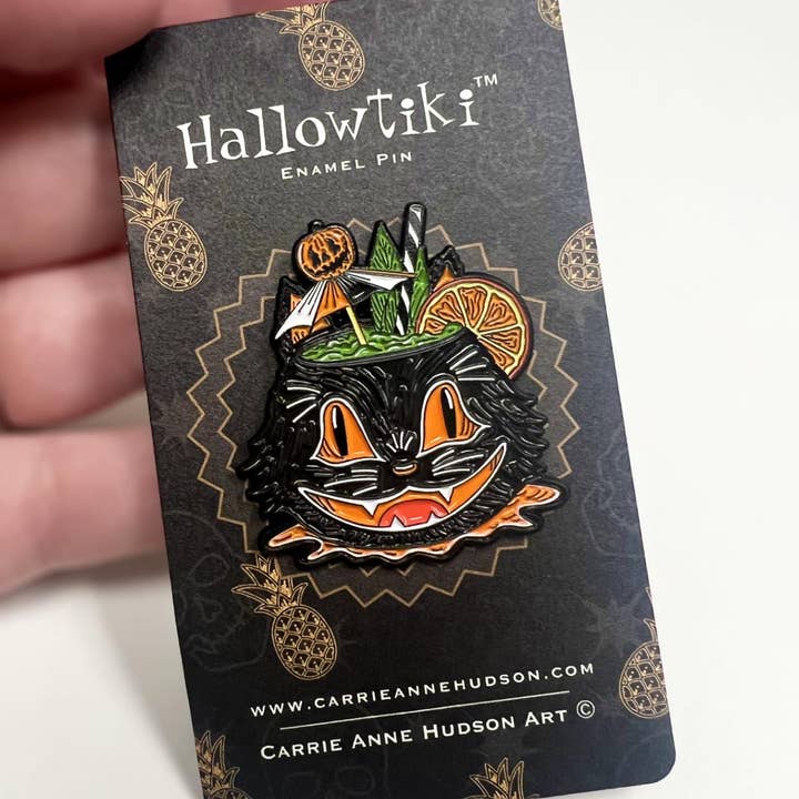 Carrie Anne Hudson Art - Wholesale Lapel Pin/Button - Summerween Pin, Vintage Halloween Black Cat, Hallowtiki1