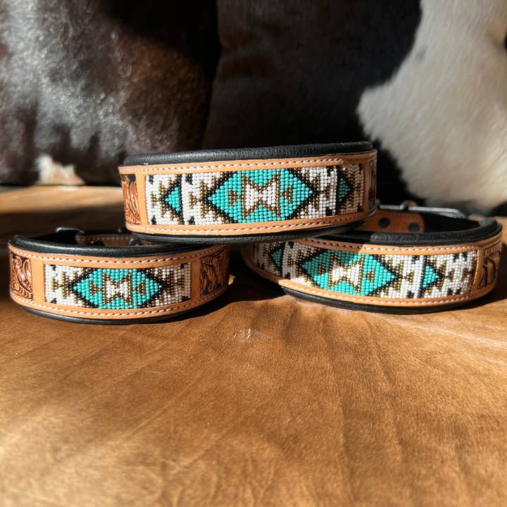 Westrian (Formerly Equipage) - Wholesale Pet Collar - Dog - Southwestern Western Tooled Leather Beaded Dog Collar - Turq