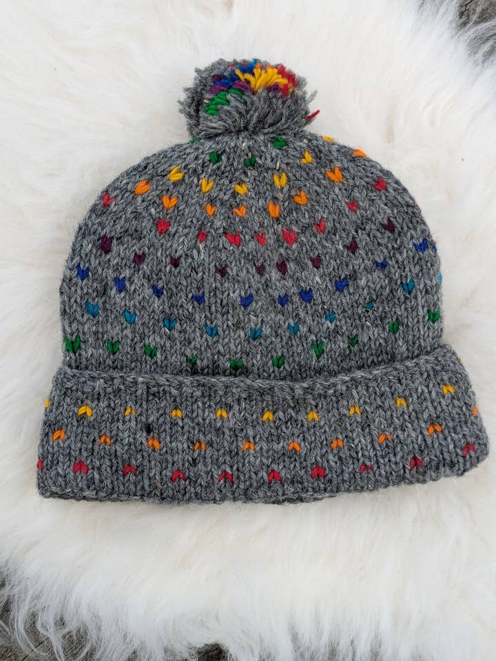 Grey Rainbow Bobble Hat | Hand Knitted Wool Hat with Fleece for wholesale by Cool Trade Winds