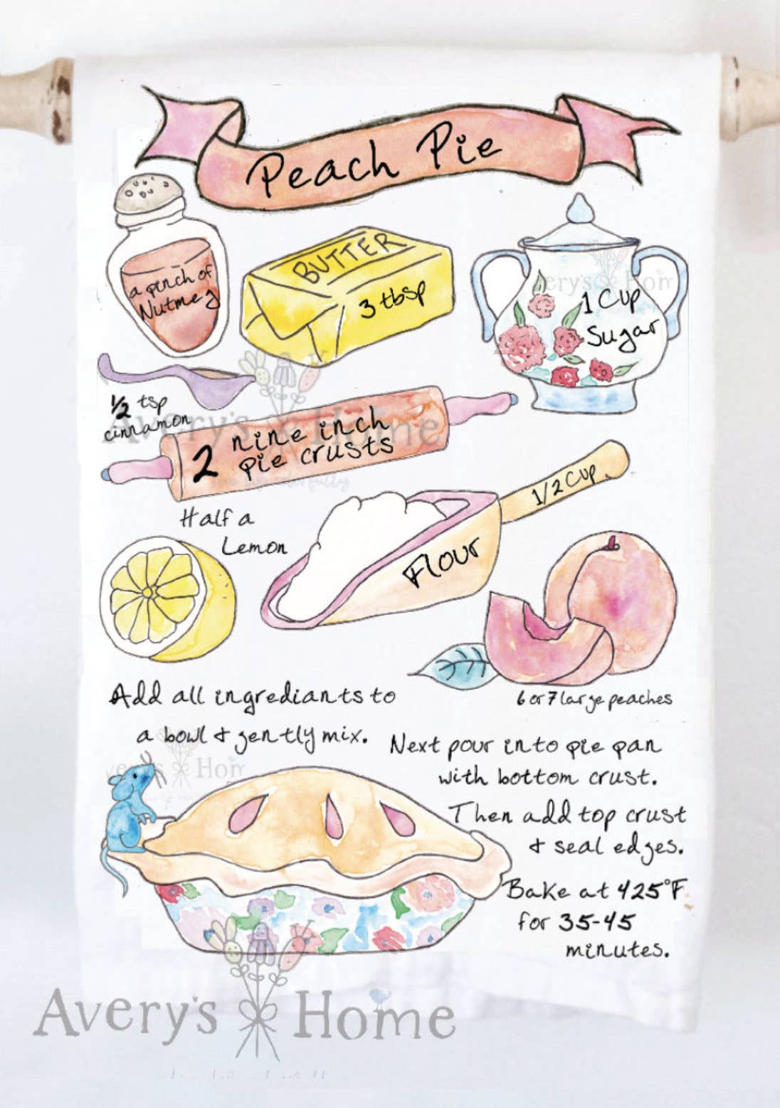 Avery's Home - Wholesale Tea Towel - Southern Peach Pie Recipe Tea Towel1