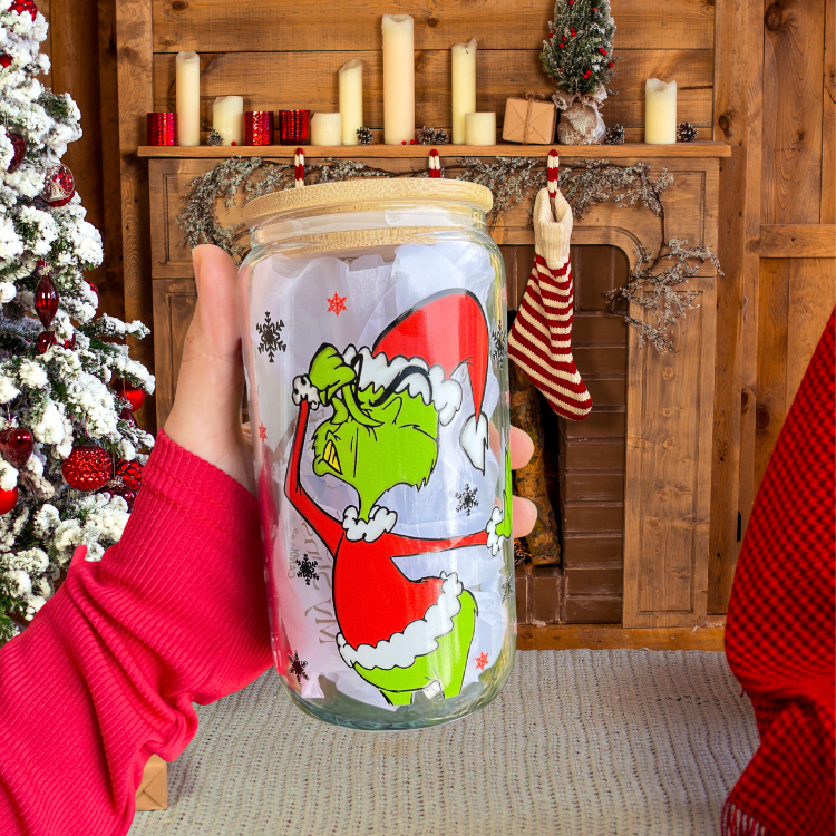 MySunshineCandless - Wholesale Drinking Glass/Cup - Christmas Grinch Cup 16oz Glass Can Cup With lid and Straw, Holiday Iced Coffee Glass, Beer Can Glass, Christmas gift for friend Christmas tumbler1