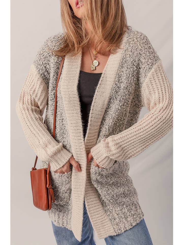 Gray Color Block Side Pockets Open Front Cardigan for wholesale on Faire2