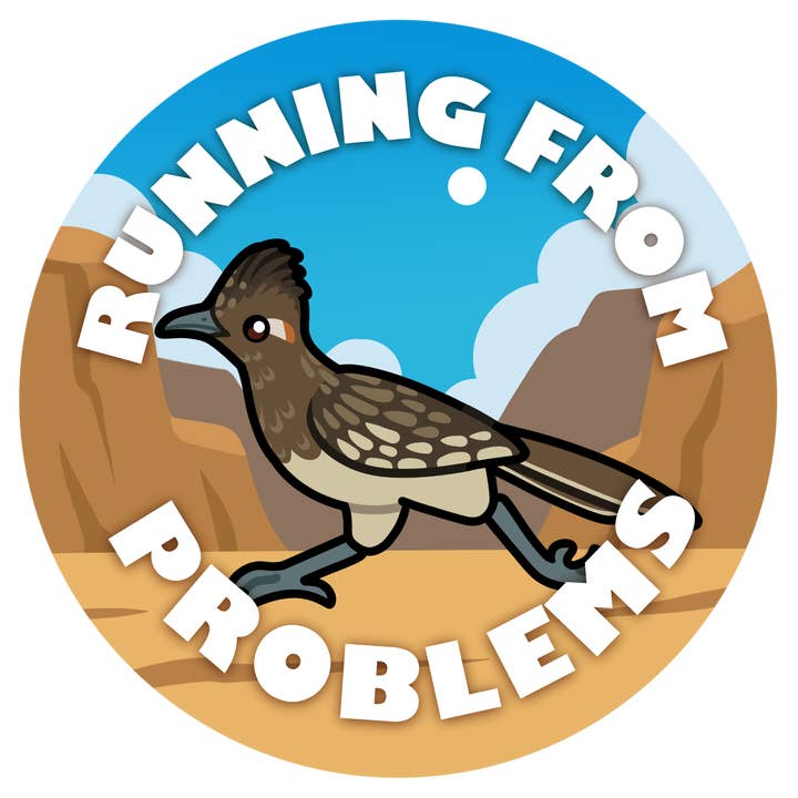 Roadrunner Running from Problems Sticker for wholesale by Rextooth Studios