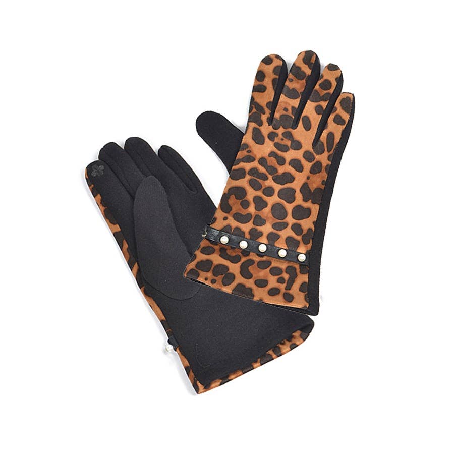 LEOPARD PRINT PEARL ACCENT SMART GLOVES for wholesale on Faire3