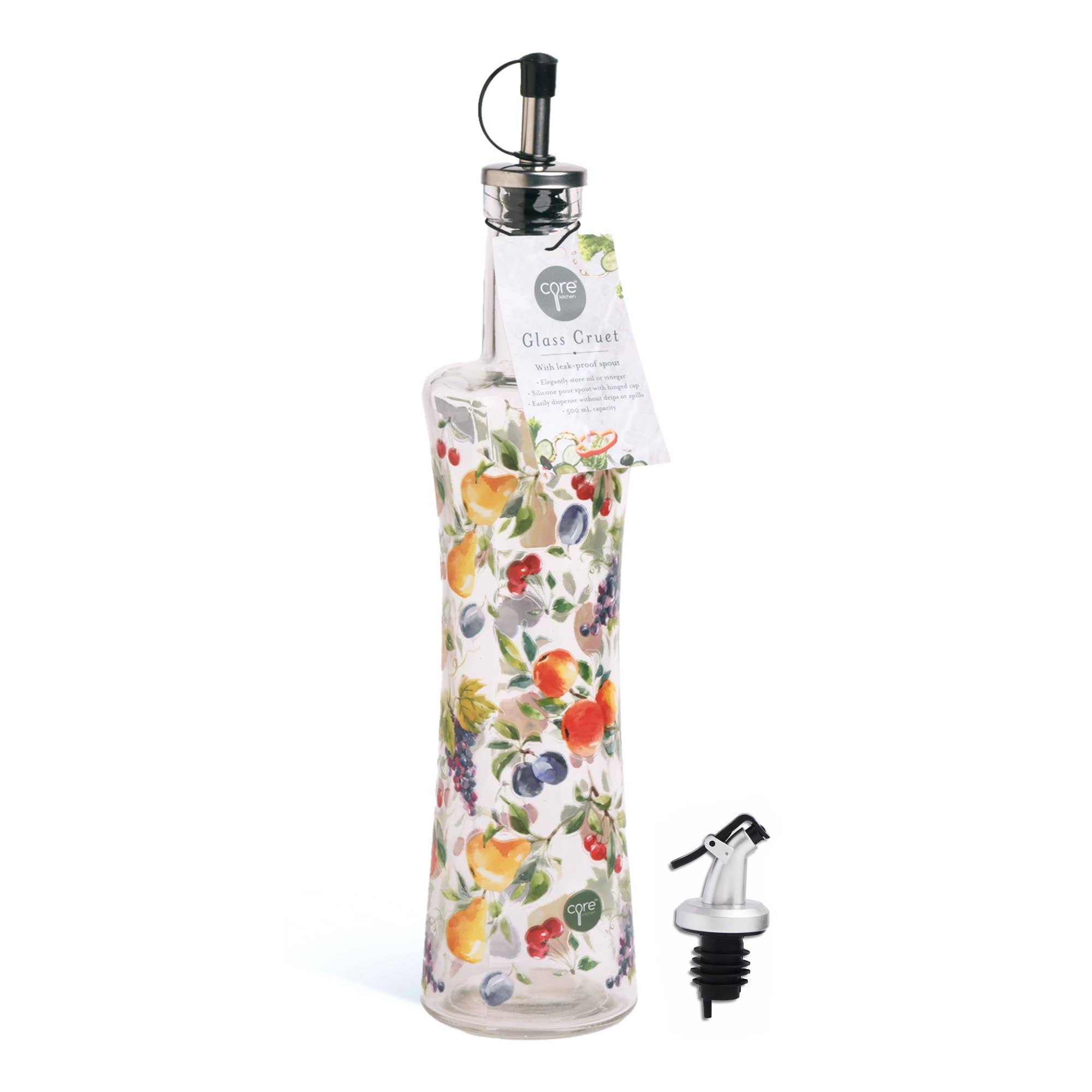 Core Home - Wholesale Oil/Vinegar Dispenser - 13.5oz Printed Glass Cruet with Extra Pour Spout – Fruits3