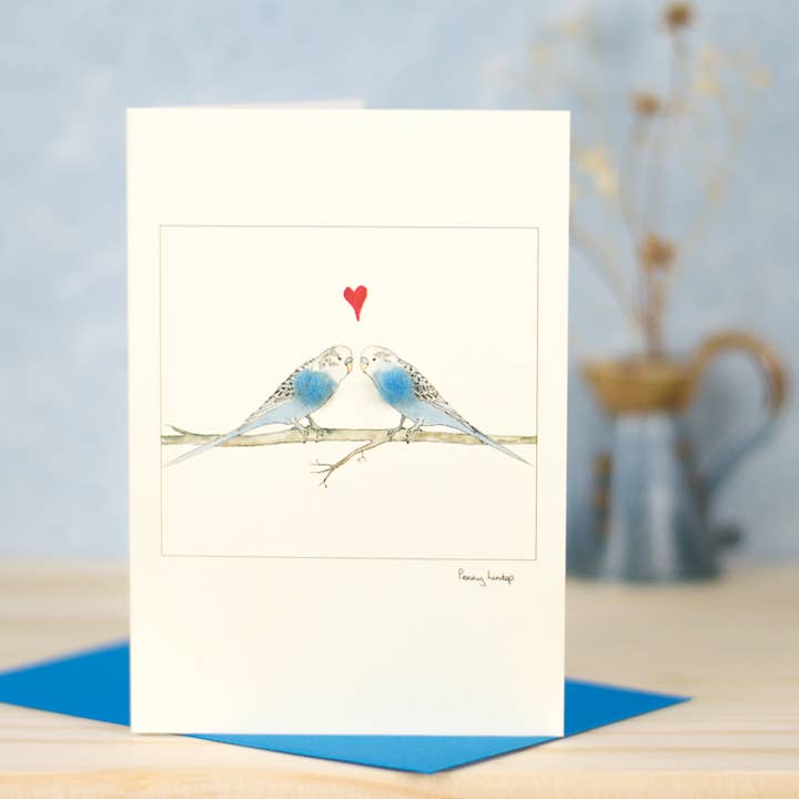 Carte "Perruches bleues amoureuses" avec laine | effet 3D | Romance pour la vente par Papersheep UK