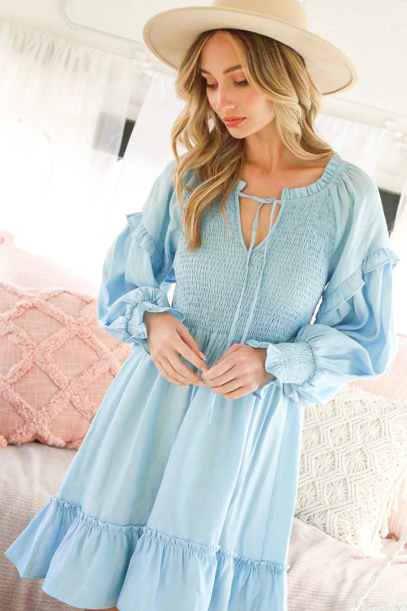 Vine & Love - Venta al por mayor Vestido - Mujer - Vestido tejido de manga larga con cuello redondo y lazo, manga globo y largo a la rodilla VD8103412