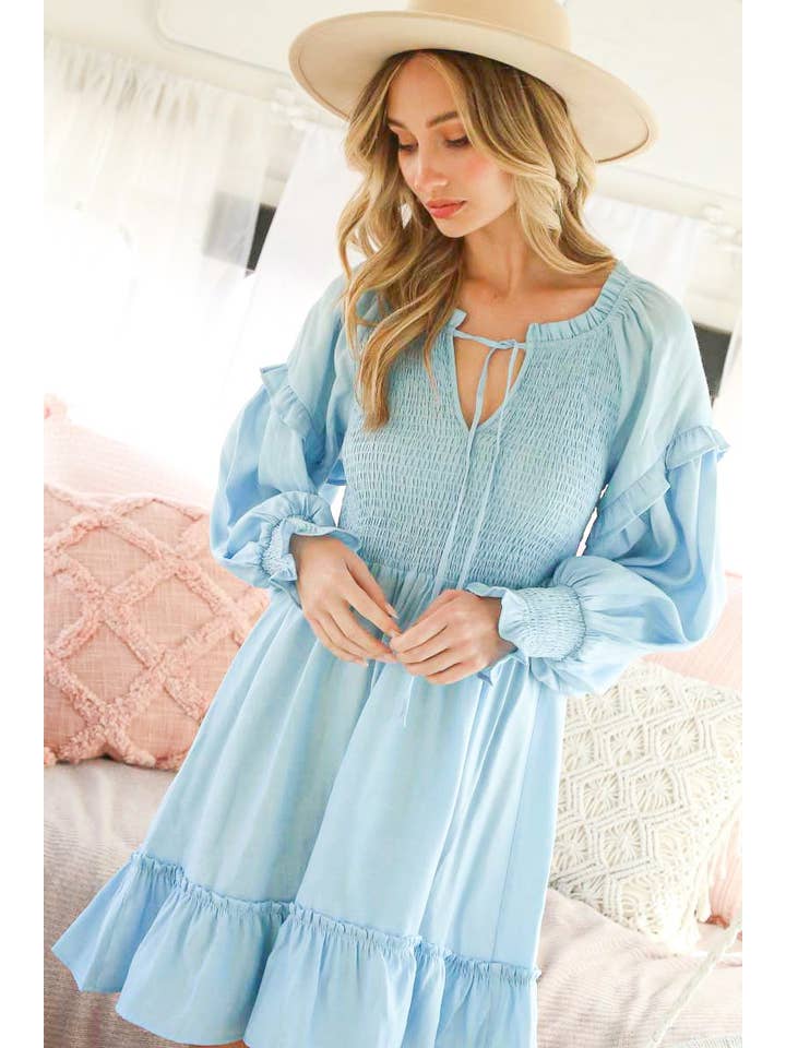 Vine & Love - Wholesale Dress - Women's - Round Tie Neck Balloon Long-Sleeve Woven Knee Dress VD8103416